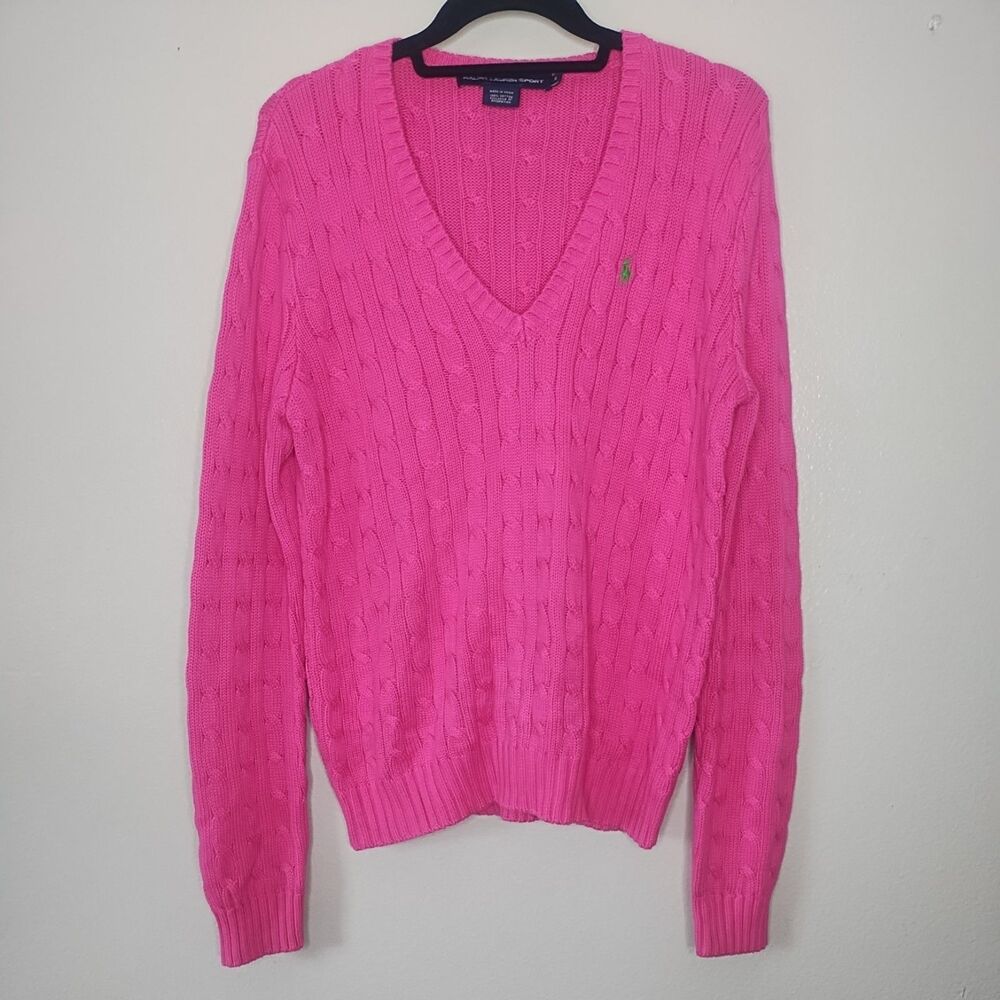 Ralph Lauren Sport Hot Pink V-neck Cable Knit Pony Logo Sweater XL